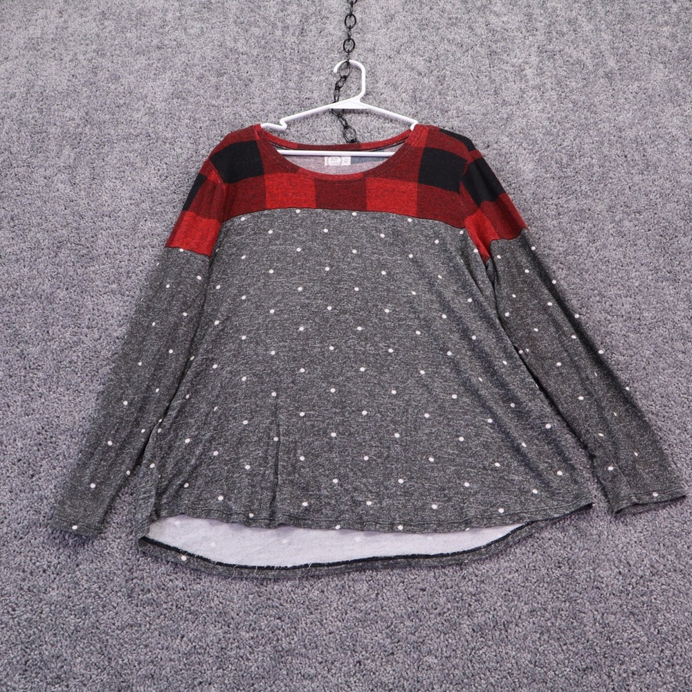 Maurices T Shirt Womens Extra Large Gray Polka Dot Plaid Elbow Patch Long Sleeve